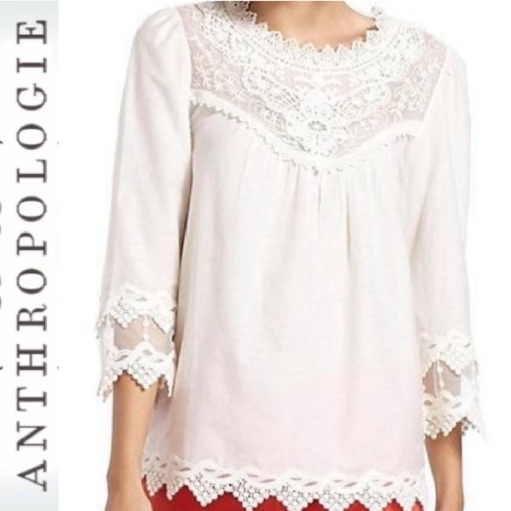 Anthropologie "Leifnotes" off white pullover vintage look lace blouse- 8